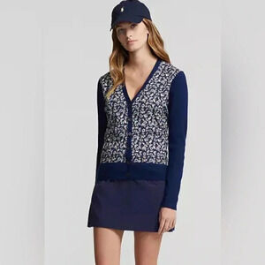 Ralph Lauren Floral Woven-Front Wool-Blend Cardigan- size Small